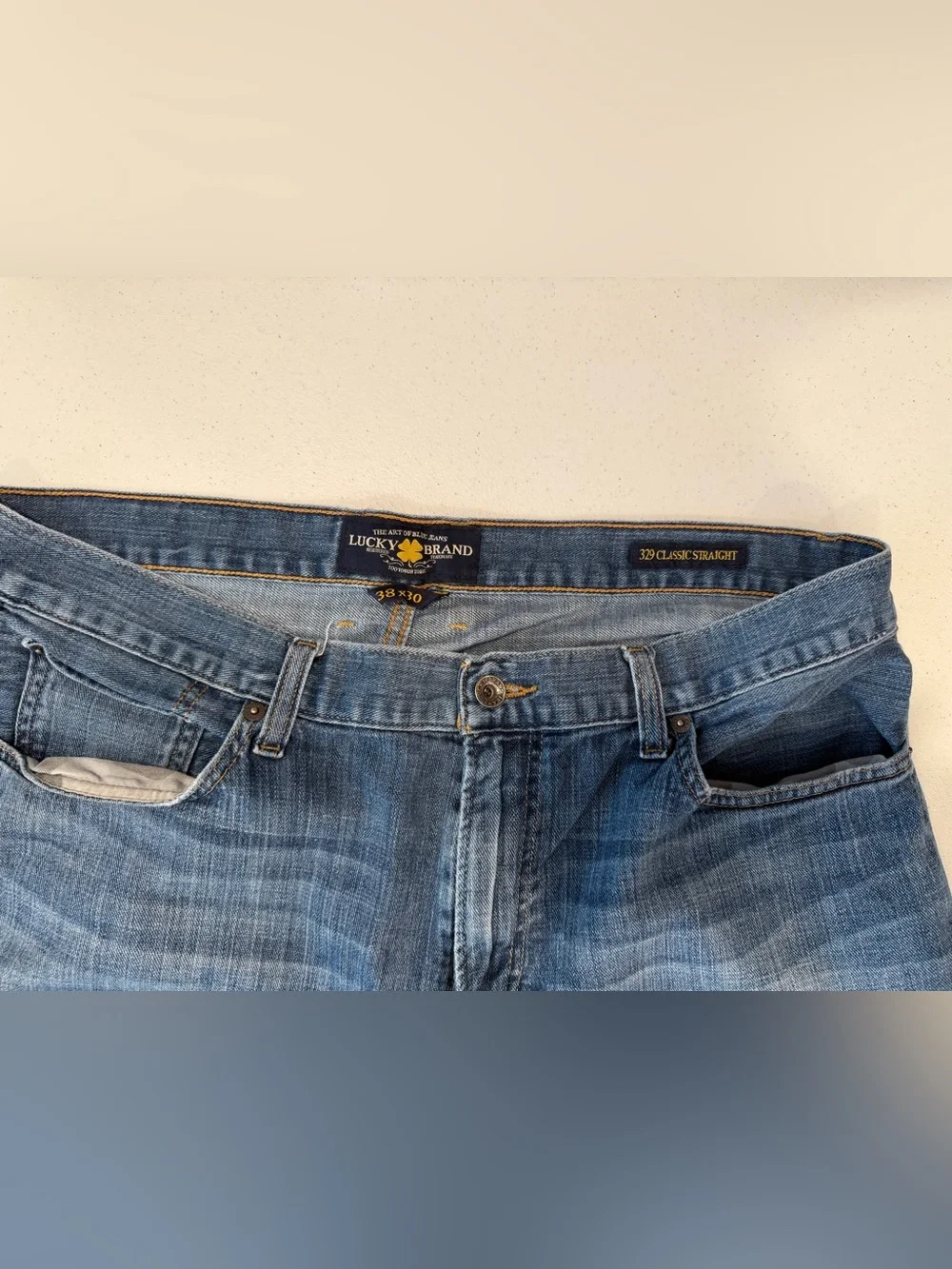 Lucky Brand 329 Classic Straight Jeans Mens 38x30 Blue Medium Wash Stretch Denim